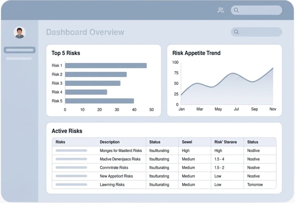 Dashboard overview showing Top 5 Risks, Risk Appetite Trend, and Active Risks